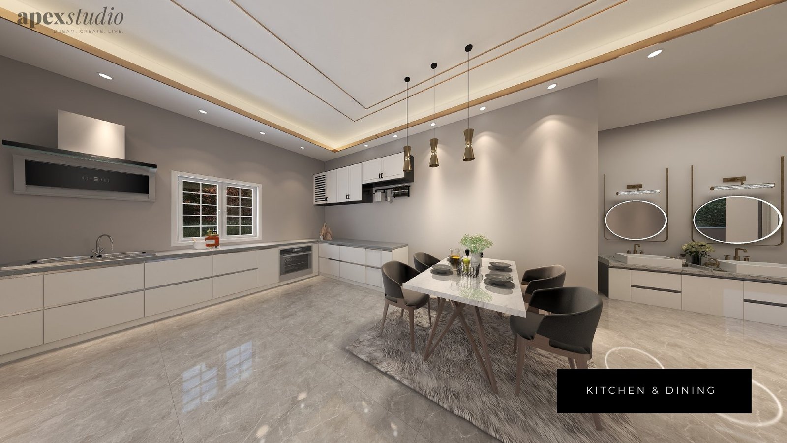 Open kitchen and dining with marble table and brass pendants