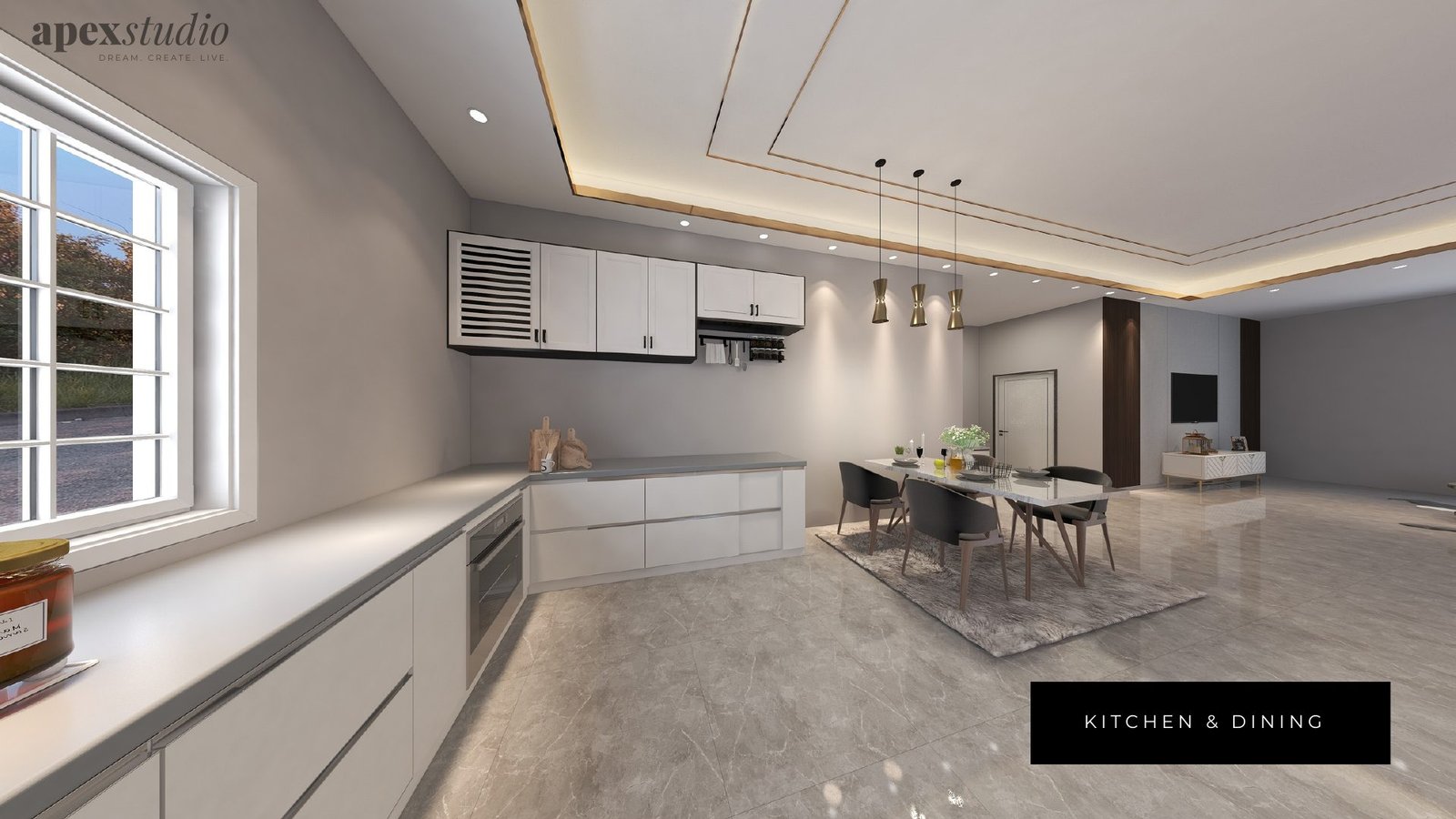 Kitchen counters and dining view