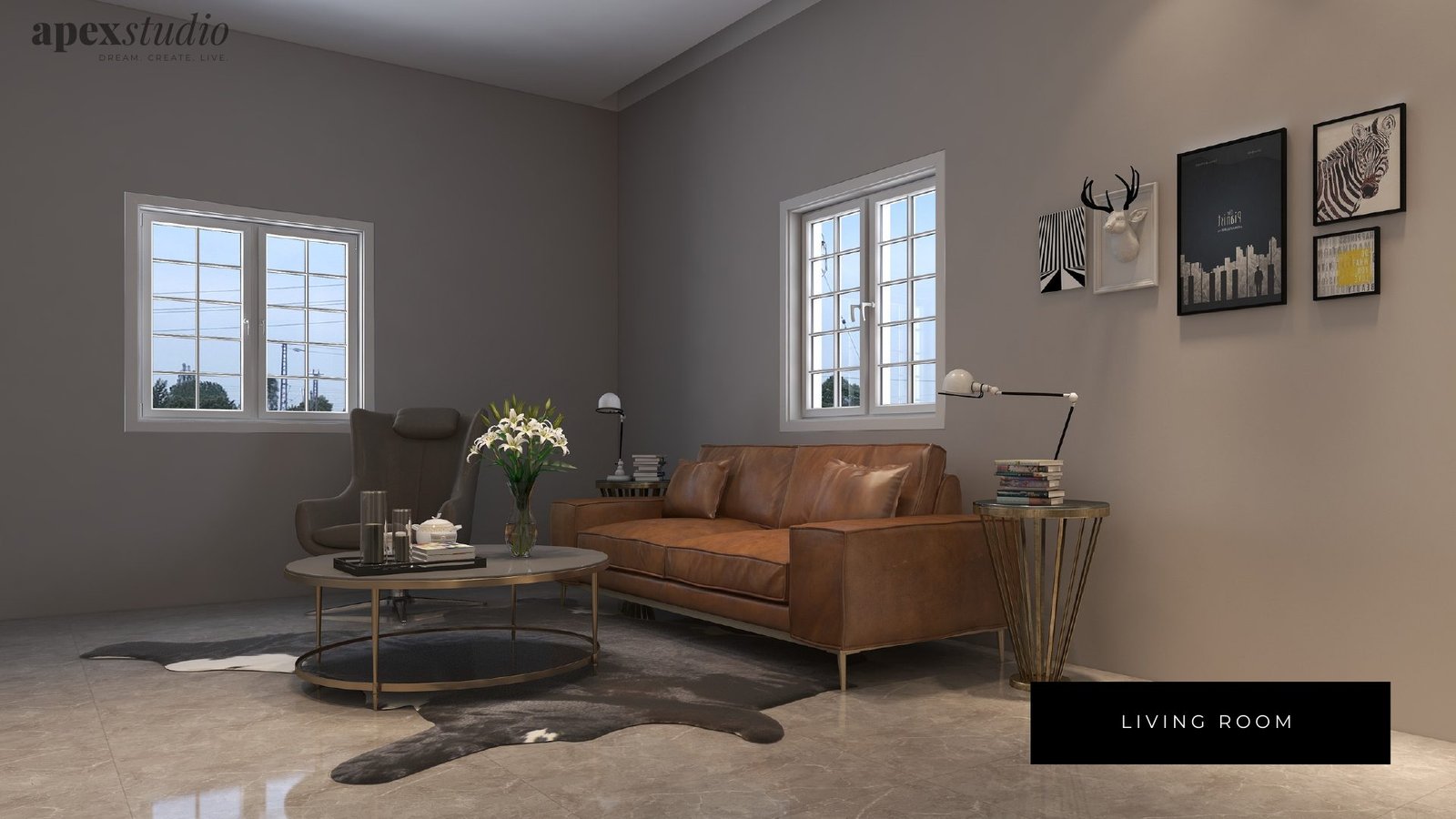 Bliss Weekend Homes living room with tan leather sofa and gallery wall