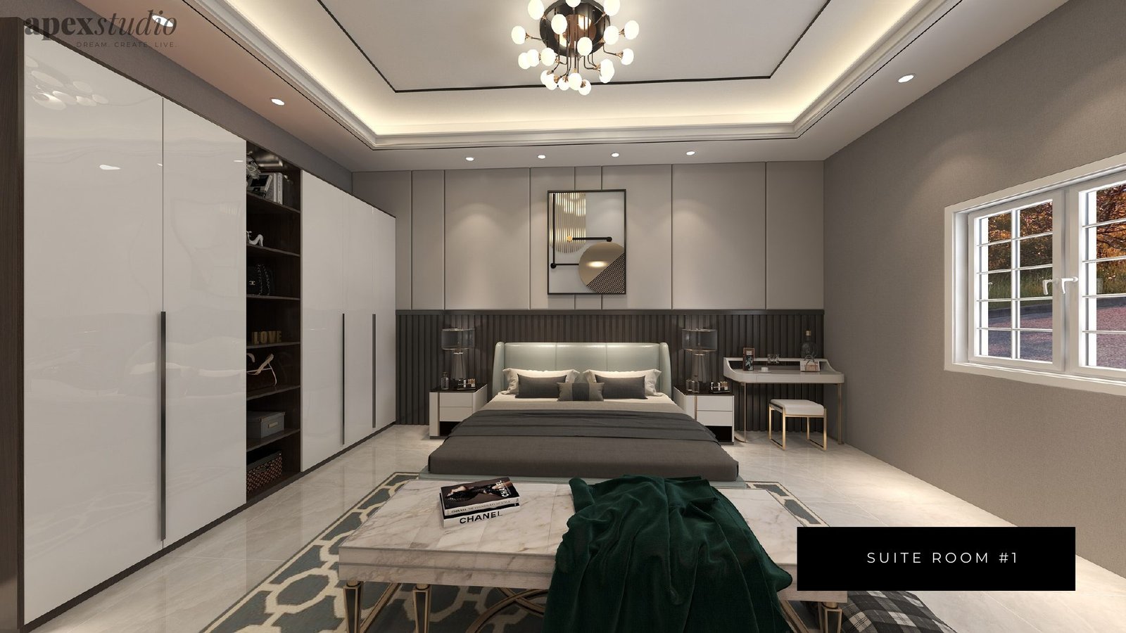 Suite one with upholstered bed and glossy wardrobes