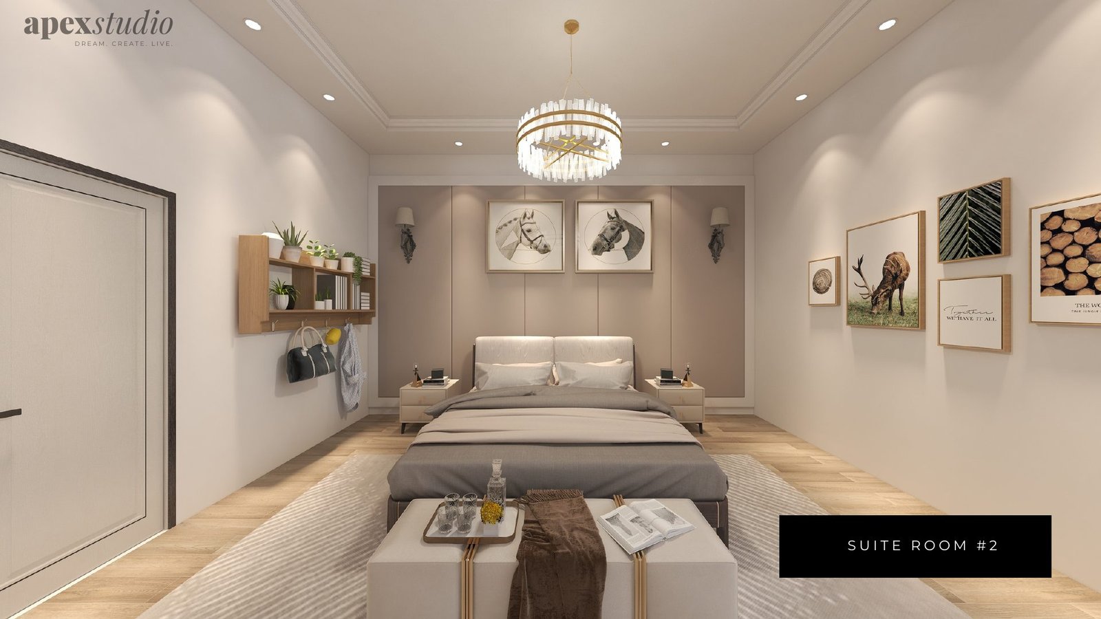 Suite two with chandelier and framed gallery wall
