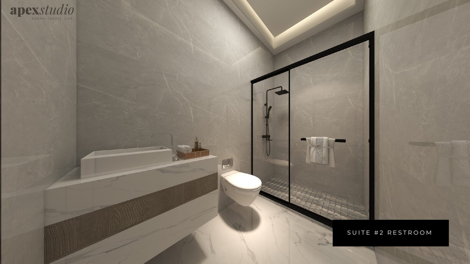 Suite two rest room with black framed shower