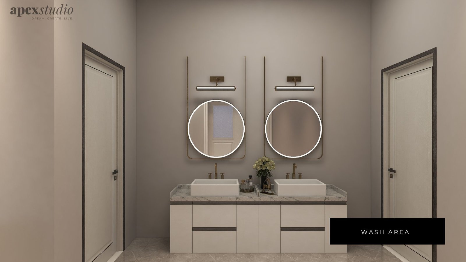 Twin wash area with round lit mirrors and marble counter
