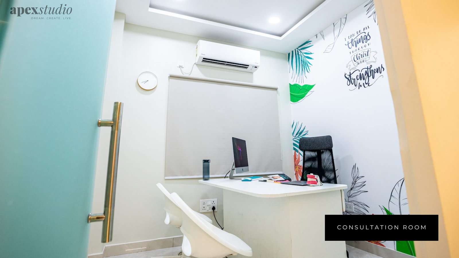 Consultation room with illustrated botanical feature wall