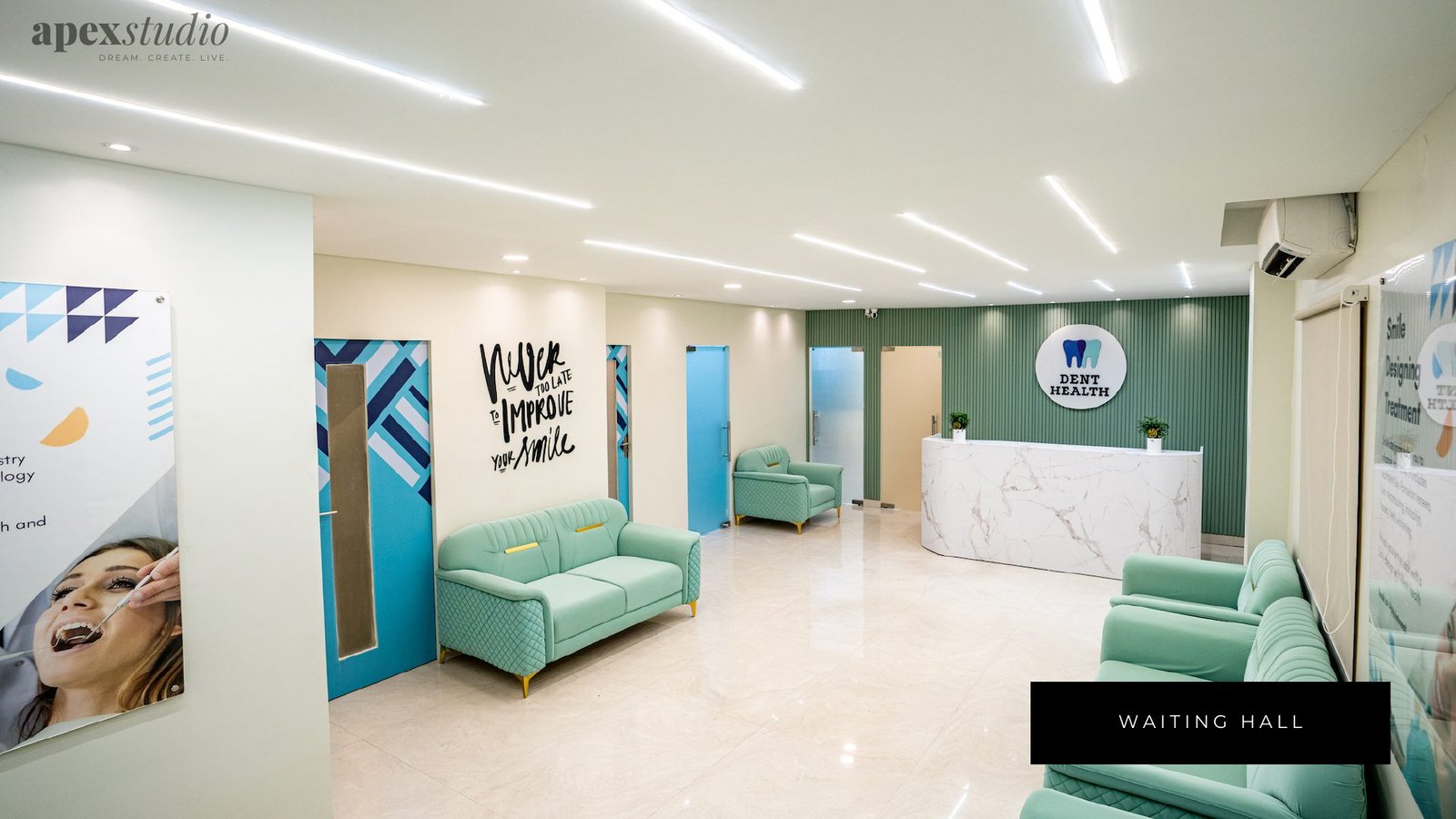 Dent Health waiting hall with mint sofas and marble reception